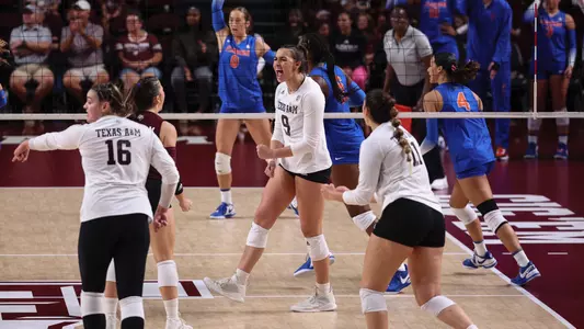 COLLEGE STATION, TX - October 20, 2023 - Opposite Hitter Logan Lednicky #9 of the Texas A&M Aggies during the game between the Florida Gators and the Texas A&M Aggies at Reed Arena in College Station, TX. Photo By Craig Bisacre/Texas A&M Athletics