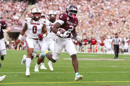 COLLEGE STATION, TX - October 28, 2023 - Running back Rueben Owens #2 of the Texas A&M Aggies during the game between the South Carolina Gamecocks and the Texas A&M Aggies at Kyle Field in College Station, TX. Photo By Evan Pilat/Texas A&M Athletics