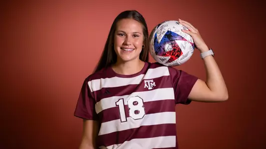 COLLEGE STATION, TX - July 20, 2023 - Defender Macy Matula #18 of the Texas A&M Aggies during Texas A&M Aggies Soccer photo day in College Station, TX. Photo By Evan Pilat/Texas A&M Athletics