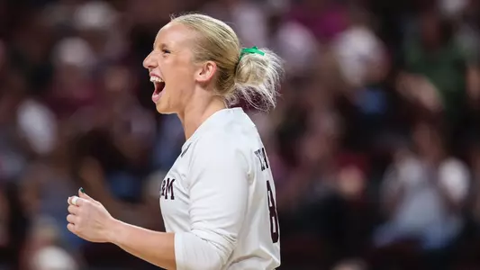 COLLEGE STATION, TX - October 01, 2023 - Libero/Defensive Specialist Lauren Hogan #8 of the Texas A&M Aggies during the game between the Missouri Tigers and the Texas A&M Aggies at Reed Arena in College Station, TX. Photo By Craig Bisacre/Texas A&M Athletics