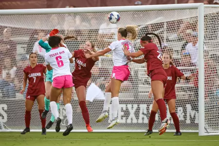 COLLEGE STATION, TX - October 08, 2023 - Forward/Midfielder Andersen Williams #6 of the Texas A&M Aggies and Midfielder Taylor Pounds #9 of the Texas A&M Aggies during the game between the Alabama Crimson Tide and the Texas A&M Aggies at Ellis Field in College Station, TX. Photo By Brendall O'Banon/Texas A&M Athletics