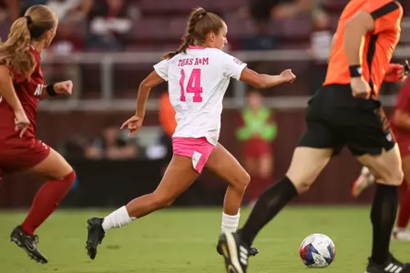 COLLEGE STATION, TX - October 08, 2023 - Midfielder Carissa Boeckmann #14 of the Texas A&M Aggies during the game between the Alabama Crimson Tide and the Texas A&M Aggies at Ellis Field in College Station, TX. Photo By Brendall O'Banon/Texas A&M Athletics