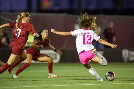 COLLEGE STATION, TX - October 08, 2023 - Midfielder/Defender Mia Pante #13 of the Texas A&M Aggies during the game between the Alabama Crimson Tide and the Texas A&M Aggies at Ellis Field in College Station, TX. Photo By Brendall O'Banon/Texas A&M Athletics