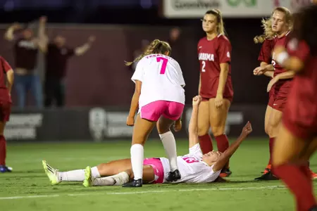 COLLEGE STATION, TX - October 08, 2023 - Midfielder/Defender Mia Pante #13 of the Texas A&M Aggies and Midfielder Sydney Becerra #7 of the Texas A&M Aggies during the game between the Alabama Crimson Tide and the Texas A&M Aggies at Ellis Field in College Station, TX. Photo By Brendall O'Banon/Texas A&M Athletics
