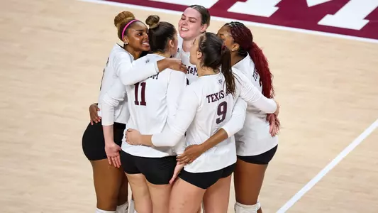COLLEGE STATION, TX - November 19, 2023 - The Texas A&M Aggies Volleyball Team during the game between the Tennessee Volunteers and the Texas A&M Aggies at Reed Arena in College Station, TX. Photo By Rachel Mahan/Texas A&M Athletics