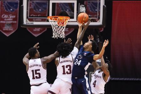 KISSIMMEE, FL - November 23, 2023 - Forward Henry Coleman #15 of the Texas A&M Aggies, Forward Solomon Washington #13 of the Texas A&M Aggies and Guard Wade Taylor #4 of the Texas A&M Aggies during the game between the Penn State Nittany Lions and the Texas A&M Aggies at State Farm Field House at ESPN Wide World of Sports Complex in Kissimmee, FL. Photo By Craig Bisacre/Texas A&M Athletics

