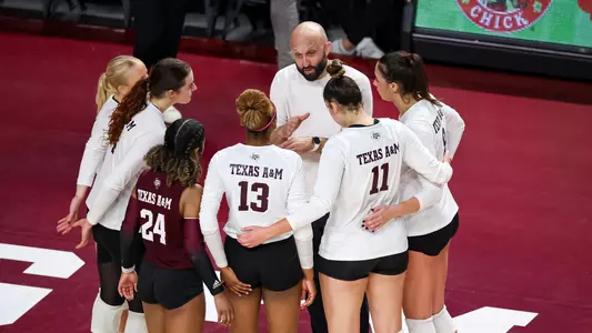 COLLEGE STATION, TX - November 19, 2023 - The Texas A&M Aggies Volleyball Team during the game between the Tennessee Volunteers and the Texas A&M Aggies at Reed Arena in College Station, TX. Photo By Rachel Mahan/Texas A&M Athletics