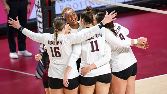 COLLEGE STATION, TX - November 19, 2023 - The Texas A&M Aggies Volleyball Team during the game between the Tennessee Volunteers and the Texas A&M Aggies at Reed Arena in College Station, TX. Photo By Brendall O'Banon/Texas A&M Athletics