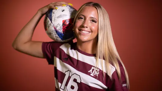 COLLEGE STATION, TX - July 20, 2023 - Defender Carolyn Calzada #16 of the Texas A&M Aggies during Texas A&M Aggies Soccer photo day in College Station, TX. Photo By Evan Pilat/Texas A&M Athletics