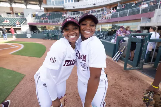 COLLEGE STATION, TX - October 06, 2023 - Koko Wooley #3 of the Texas A&M Aggies and Kennedy Powell #1 of the Texas A&M Aggies during the game between the Texas State Bobcats and the Texas A&M Aggies at Davis Diamond in College Station, TX. Photo By Evan Pilat/Texas A&M Athletics