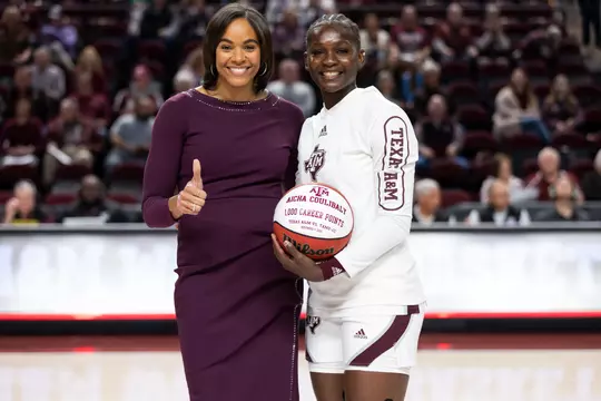 COLLEGE STATION, TX - November 12, 2023 - Head Coach Joni Taylor of the Texas A&M Aggies and Guard Aicha Coulibaly #5 of the Texas A&M Aggies during the game between the North Texas Mean Green and the Texas A&M Aggies at Reed Arena in College Station, TX. Photo By Ethan Mito/Texas A&M Athletics