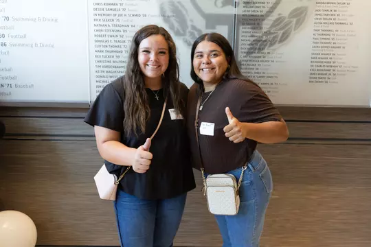 COLLEGE STATION, TX - September 08, 2023 - Aiyana Coleman #17 of the Texas A&M Aggies and Mya Perez #24 of the Texas A&M Aggies during Texas A&M Softball alumni dinner in College Station, TX. Photo By Evan Pilat/Texas A&M Athletics