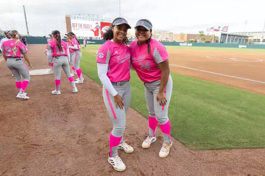 COLLEGE STATION, TX - October 24, 2023 - Keely Williams #18 of the Texas A&M Aggies and Mya Perez #24 of the Texas A&M Aggies during the game between the McLennan Highlanders and the Texas A&M Aggies at Davis Diamond in College Station, TX. Photo By Evan Pilat/Texas A&M Athletics