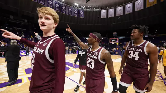 BATON ROUGE, LA - February 11, 2023 - Texas A&M Men's Basketball Team during the game between the LSU Tigers and the Texas A&M Aggies at Pete Maravich Assembly Center in Baton Rouge, LA. Photo By Craig Bisacre