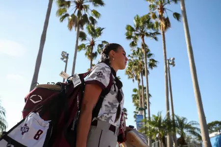 COLLEGE STATION, TX - February 17, 2023 - Pitcher/Outfielder Grace Uribe #8 of the Texas A&M Aggies during the game between the Arizona Wildcats and the Texas A&M Aggies at Eddie C. Moore Complex in Clearwater, FL. Photo By Brendall O'Banon/Texas A&M Athletics