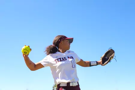 COLLEGE STATION, TX - February 18, 2023 - Outfielder Keely Williams #18 of the Texas A&M Aggies during the game between the Nebraska Cornhuskers and the Texas A&M Aggies at Eddie C. Moore Complex in Clearwater, FL. Photo By Brendall O'Banon/Texas A&M Athletics