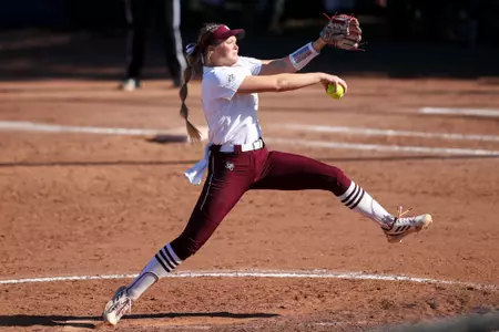 COLLEGE STATION, TX - February 18, 2023 - Pitcher Shaylee Ackerman #10 of the Texas A&M Aggies during the game between the Nebraska Cornhuskers and the Texas A&M Aggies at Eddie C. Moore Complex in Clearwater, FL. Photo By Brendall O'Banon/Texas A&M Athletics