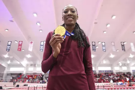 COLLEGE STATION, TX - February 25, 2023 - Lamara Distin of the Texas A&M Aggies during the SEC Championships at Randal Tyson Track Center in Fayetteville, Arkansas. Photo By Evan Pilat/Texas A&M Athletics