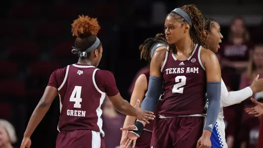 COLLEGE STATION, TX - February 23, 2023 - Forward Janiah Barker #2 of the Texas A&M Aggies and Guard Kay Kay Green #4 of the Texas A&M Aggies during the game between the Kentucky Wildcats and the Texas A&M Aggies at Reed Arena in College Station, TX. Photo By Ethan Mito/Texas A&M Athletics