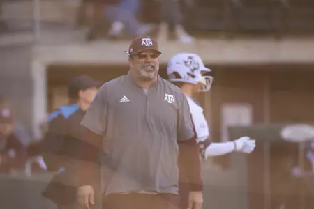 COLLEGE STATION, TX - February 09, 2023 - Volunteer Assistant Coach Russ Heffley of the Texas A&M Aggies during the Softball game between the Tarleton State Texans and the Texas A&M Aggies at Davis Diamond in College Station, TX. Photo By Craig Bisacre/Texas A&M Athletics