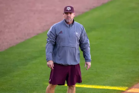 COLLEGE STATION, TX - February 09, 2023 - Assistant Coach Jeff Harger of the Texas A&M Aggies during the Softball game between the Tarleton State Texans and the Texas A&M Aggies at Davis Diamond in College Station, TX. Photo By Craig Bisacre/Texas A&M Athletics