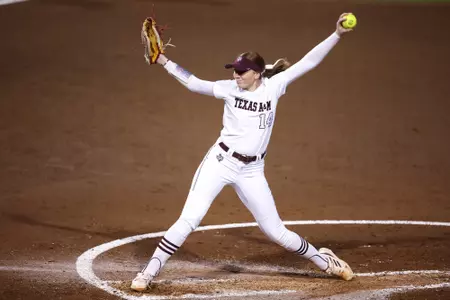FAYETTEVILLE, AR - March 10, 2023 - Pitcher Madison Preston #14 of the Texas A&M Aggies during the game between the Arkansas Razorbacks and the Texas A&M Aggies at Bogle Park in Fayetteville, AR. Photo By Ethan Mito/Texas A&M Athletics