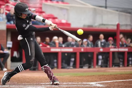 FAYETTEVILLE, AR - March 11, 2023 - Catcher/Outfielder Riley Valentine #27 of the Texas A&M Aggies during the game between the Arkansas Razorbacks and the Texas A&M Aggies at Bogle Park in Fayetteville, AR. Photo By Ethan Mito/Texas A&M Athletics