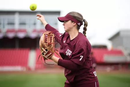 FAYETTEVILLE, AR - March 12, 2023 - Outfielder Paige Lott #7 of Texas A&M Aggies during the game between the Arkansas Razorbacks and the Texas A&M Aggies at Bogle Park in Fayetteville, AR. Photo By Ethan Mito/Texas A&M Athletics