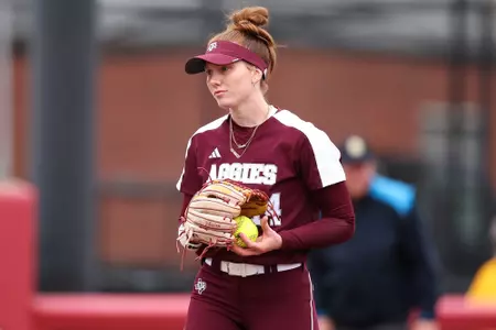 FAYETTEVILLE, AR - March 12, 2023 - Pitcher Madison Preston #14 of the Texas A&M Aggies during the game between the Arkansas Razorbacks and the Texas A&M Aggies at Bogle Park in Fayetteville, AR. Photo By Ethan Mito/Texas A&M Athletics