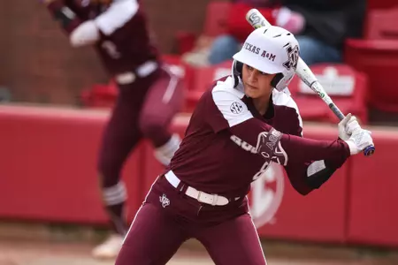 FAYETTEVILLE, AR - March 12, 2023 - Pitcher/Outfielder Grace Uribe #8 of the Texas A&M Aggies during the game between the Arkansas Razorbacks and the Texas A&M Aggies at Bogle Park in Fayetteville, AR. Photo By Ethan Mito/Texas A&M Athletics
