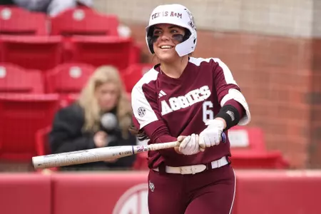 FAYETTEVILLE, AR - March 12, 2023 - Infielder Trinity Cannon #6 of the Texas A&M Aggies during the game between the Arkansas Razorbacks and the Texas A&M Aggies at Bogle Park in Fayetteville, AR. Photo By Ethan Mito/Texas A&M Athletics