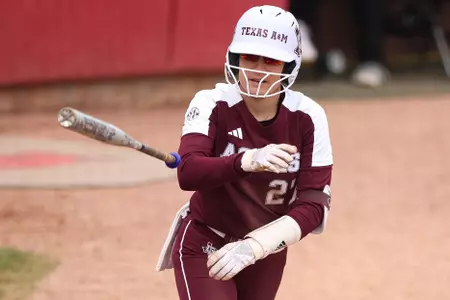 FAYETTEVILLE, AR - March 12, 2023 - Catcher/Outfielder Riley Valentine #27 of the Texas A&M Aggies during the game between the Arkansas Razorbacks and the Texas A&M Aggies at Bogle Park in Fayetteville, AR. Photo By Ethan Mito/Texas A&M Athletics