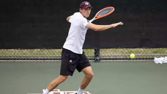 COLLEGE STATION, TX - March 02, 2023 - Pierce Rollins of the Texas A&M Aggies during the game between the LSU Tigers and the Texas A&M Aggies at Mitchell Tennis Center in College Station, TX. Photo By Evan Pilat/Texas A&M Athletics