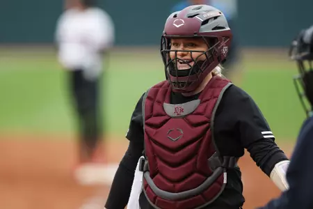COLLEGE STATION, TX - March 18, 2023 - Catcher Julia Cottrill #42 of the Texas A&M Aggies during the game between the Georgia Bulldogs and the Texas A&M Aggies at Davis Diamond in College Station, TX. Photo By Evan Pilat/Texas A&M Athletics