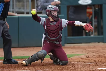 COLLEGE STATION, TX - March 22, 2023 - Catcher Julia Cottrill #42 of the Texas A&M Aggies during the game between the LA Tech Bulldogs and the Texas A&M Aggies at Davis Diamond in College Station, TX. Photo By Evan Pilat/Texas A&M Athletics