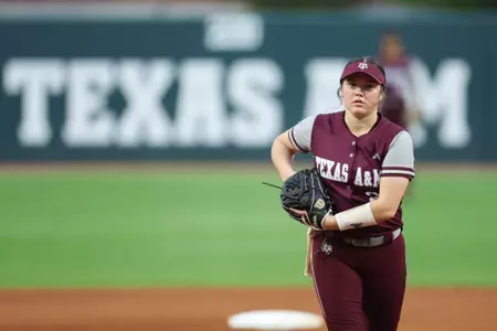 COLLEGE STATION, TX - March 22, 2023 - Pitcher Emily Leavitt #25 of the Texas A&M Aggies during the game between the LA Tech Bulldogs and the Texas A&M Aggies at Davis Diamond in College Station, TX. Photo By Evan Pilat/Texas A&M Athletics