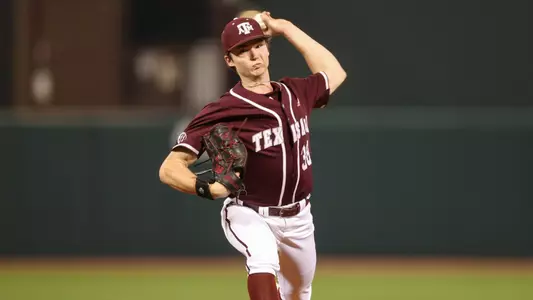 COLLEGE STATION, TX - March 07, 2023 - Pitcher Shane Sdao #38 of the Texas A&M Aggies during the game between the Cardinals and the Texas A&M Aggies at Blue Bell Park in College Station, TX. Photo By Rachel Mahan/Texas A&M Athletics