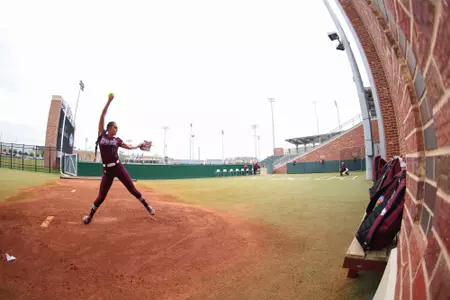 COLLEGE STATION, TX - March 29, 2023 - Pitcher/Outfielder Grace Uribe #8 of the Texas A&M Aggies and Catcher/Infielder Gracyn Coleman #22 of the Texas A&M Aggies during the game between the Incarnate Word Cardinals and the Texas A&M Aggies at Davis Diamond in College Station, TX. Photo By Evan Pilat/Texas A&M Athletics
