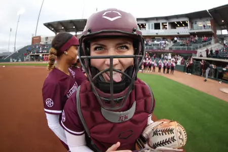 COLLEGE STATION, TX - March 29, 2023 - Catcher/Infielder Gracyn Coleman #22 of the Texas A&M Aggies during the game between the Incarnate Word Cardinals and the Texas A&M Aggies at Davis Diamond in College Station, TX. Photo By Evan Pilat/Texas A&M Athletics