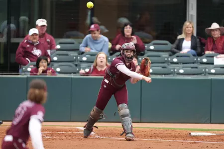 COLLEGE STATION, TX - March 29, 2023 - Catcher/Infielder Gracyn Coleman #22 of the Texas A&M Aggies during the game between the Incarnate Word Cardinals and the Texas A&M Aggies at Davis Diamond in College Station, TX. Photo By Evan Pilat/Texas A&M Athletics