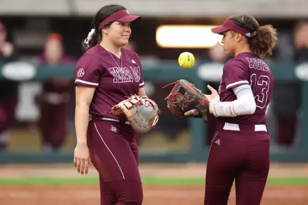 COLLEGE STATION, TX - March 29, 2023 - Infielder Trinity Cannon #6 of the Texas A&M Aggies and Infielder Amari Harper #13 of the Texas A&M Aggies during the game between the Incarnate Word Cardinals and the Texas A&M Aggies at Davis Diamond in College Station, TX. Photo By Evan Pilat/Texas A&M Athletics