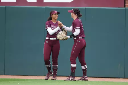 COLLEGE STATION, TX - March 29, 2023 - Outfielder Keely Williams #18 of the Texas A&M Aggies and Outfielder Allie Enright #33 of the Texas A&M Aggies during the game between the Incarnate Word Cardinals and the Texas A&M Aggies at Davis Diamond in College Station, TX. Photo By Evan Pilat/Texas A&M Athletics