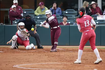 COLLEGE STATION, TX - March 29, 2023 - Catcher/Infielder Gracyn Coleman #22 of the Texas A&M Aggies during the game between the Incarnate Word Cardinals and the Texas A&M Aggies at Davis Diamond in College Station, TX. Photo By Evan Pilat/Texas A&M Athletics