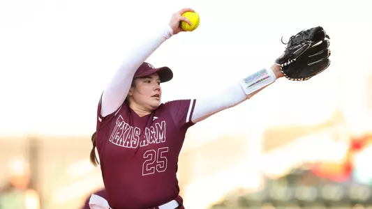 COLLEGE STATION, TX - February 11, 2023 - Pitcher Emily Leavitt #25 of Texas A&M Aggies during the game between the Michigan State Spartans and the Texas A&M Aggies at Davis Diamond in College Station, TX. Photo By Brendall O'Banon/Texas A&M Athletics