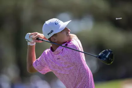 Amateur Sam Bennett of the United States plays a stroke from the No. 3 tee during the final round of the 2023 Masters Tournament at Augusta National Golf Club, Sunday, April 9, 2023.