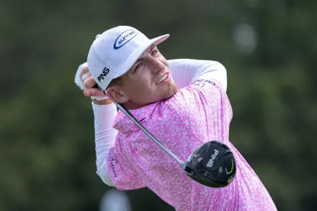 Amateur Sam Bennett of the United States plays a stroke from the No. 1 tee during the final round of the 2023 Masters Tournament at Augusta National Golf Club, Sunday, April 9, 2023.