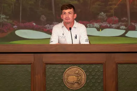 Amateur Sam Bennett of the United States speaks to members of the media during a press conference during the second round of the 2023 Masters Tournament at Augusta National Golf Club, Friday, April 7, 2023.