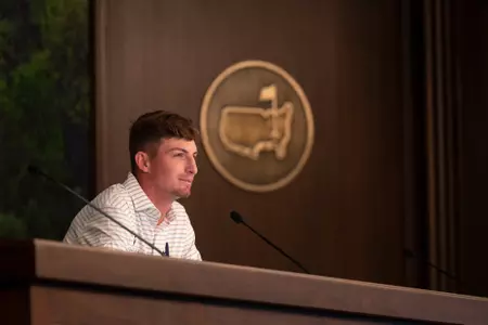 Amateur Sam Bennett of the United States speaks to members of the media during a press conference during the second round of the 2023 Masters Tournament at Augusta National Golf Club, Friday, April 7, 2023.