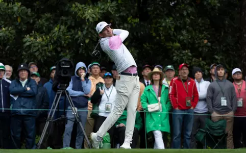 Amateur Sam Bennett of the United States plays a stroke from the No. 9 tee during the continuation of the third round of the 2023 Masters Tournament at Augusta National Golf Club, Sunday, April 9, 2023.
