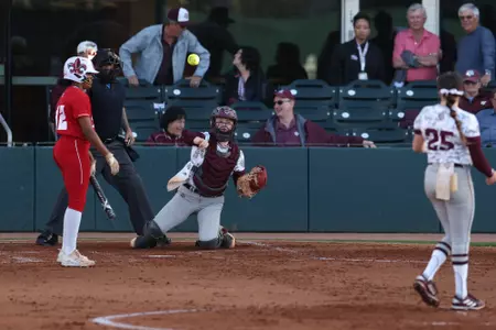 COLLEGE STATION, TX - April 12, 2023 - Catcher Julia Cottrill #42 of the Texas A&M Aggies during the game between the Louisiana Ragin' Cajuns and the Texas A&M Aggies at Davis Diamond in College Station, TX. Photo By Evan Pilat/Texas A&M Athletics
